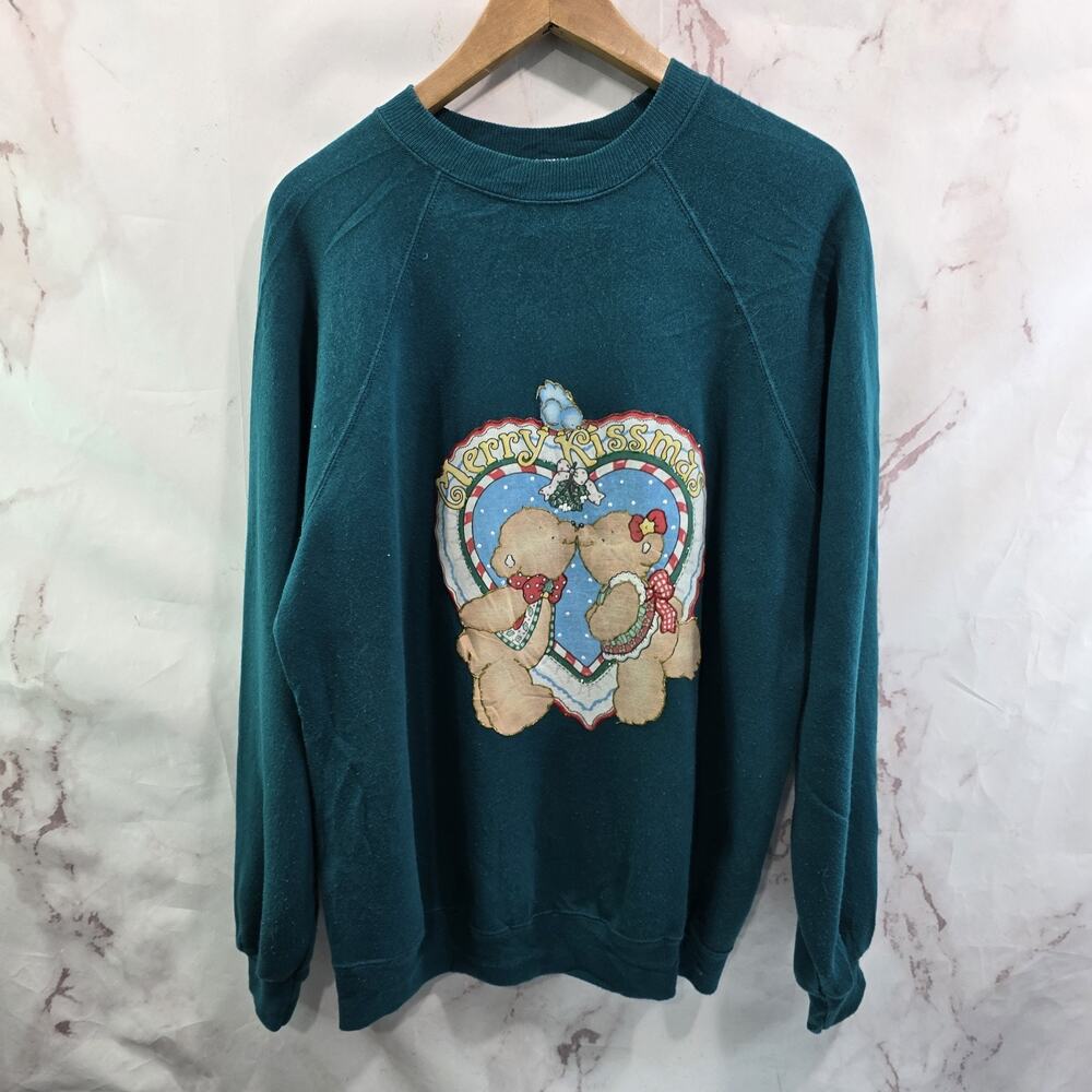Vintage Christmas Sweatshirt Womens XL Green 90s Winter Holiday Crew Teddy Kiss